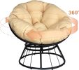 Papasan Wicker Rattan Chair Indoor, 360-Degree Swivel Saucer Chair with Fluffy Cushion,Deep Seating Accent Moon Chair with Solid Twill Fabric,Ideal fo